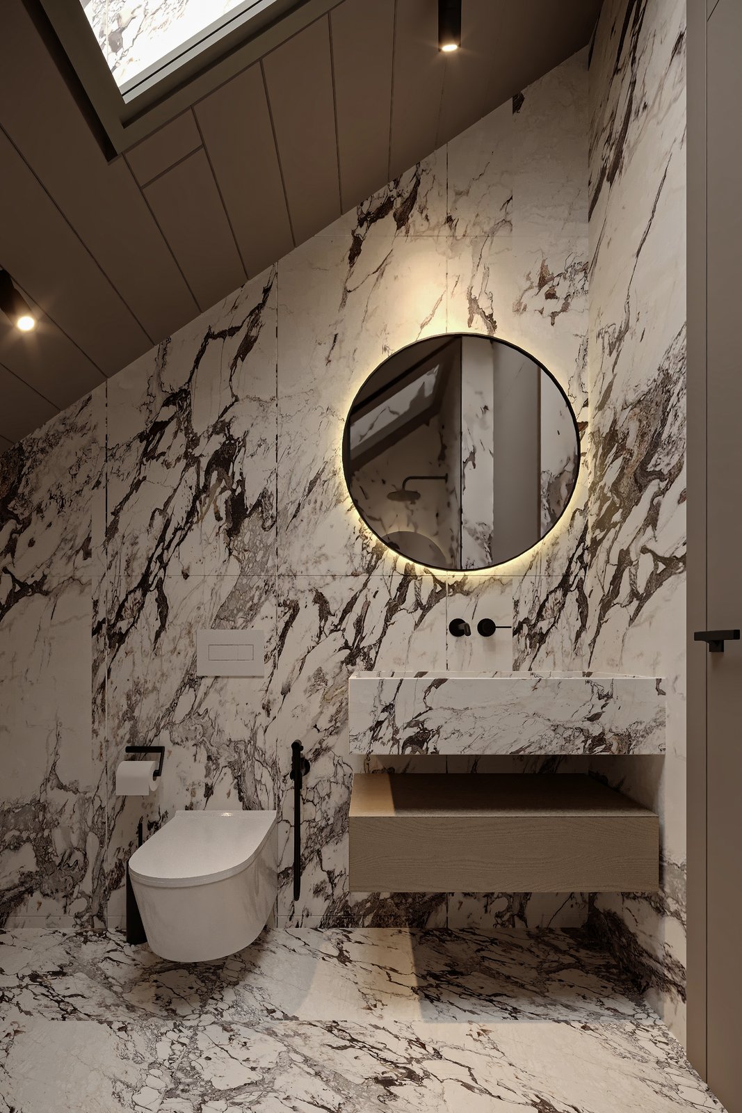 Bathroom design visualization with dramatic Calacatta Viola marble and backlit round mirror