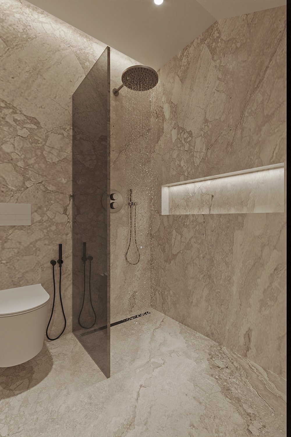 Bathroom vanity design visualization in warm beige stone with backlit mirror