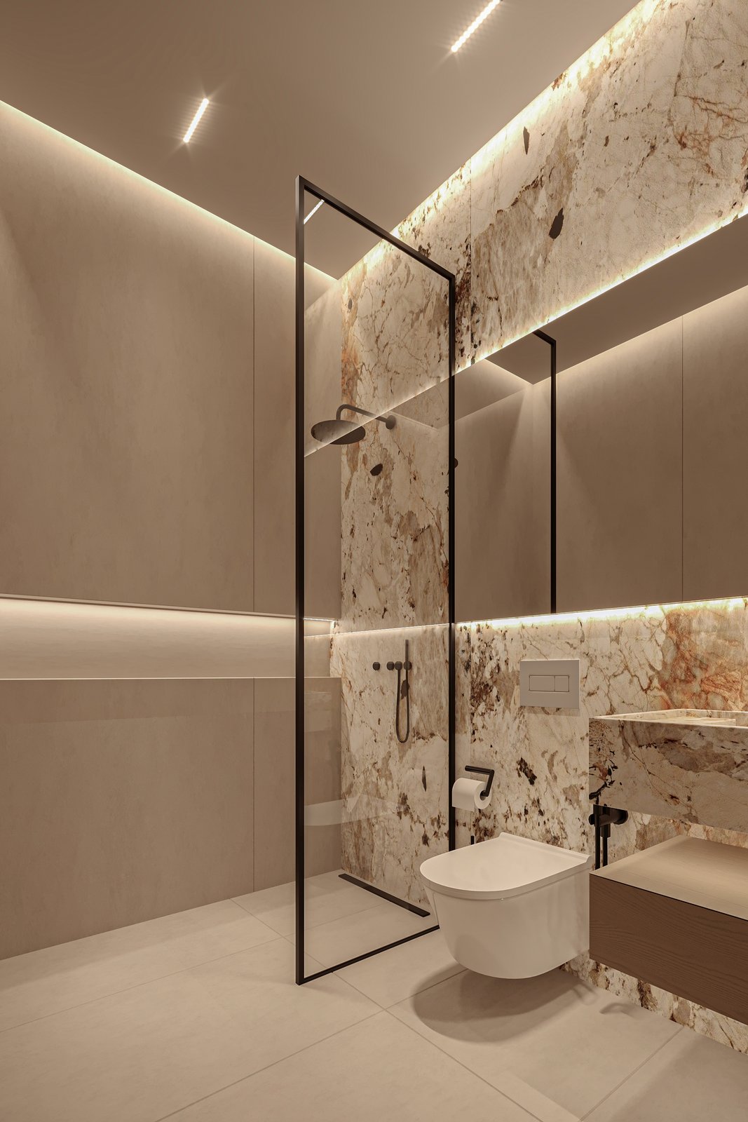Shower design visualization with Patagonia quartzite walls and lit stone niche