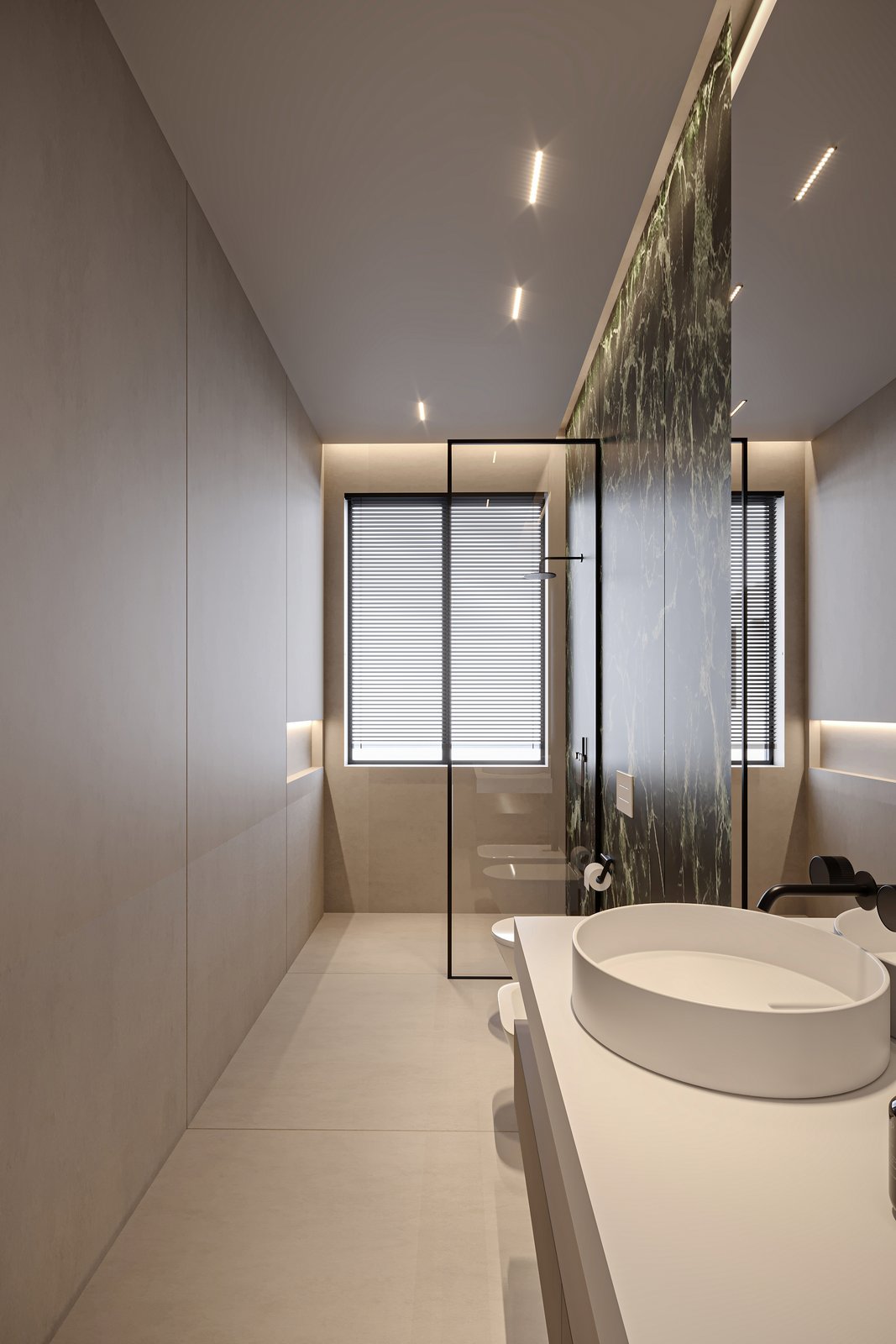 Bathroom design visualization with green marble feature wall and frameless glass shower