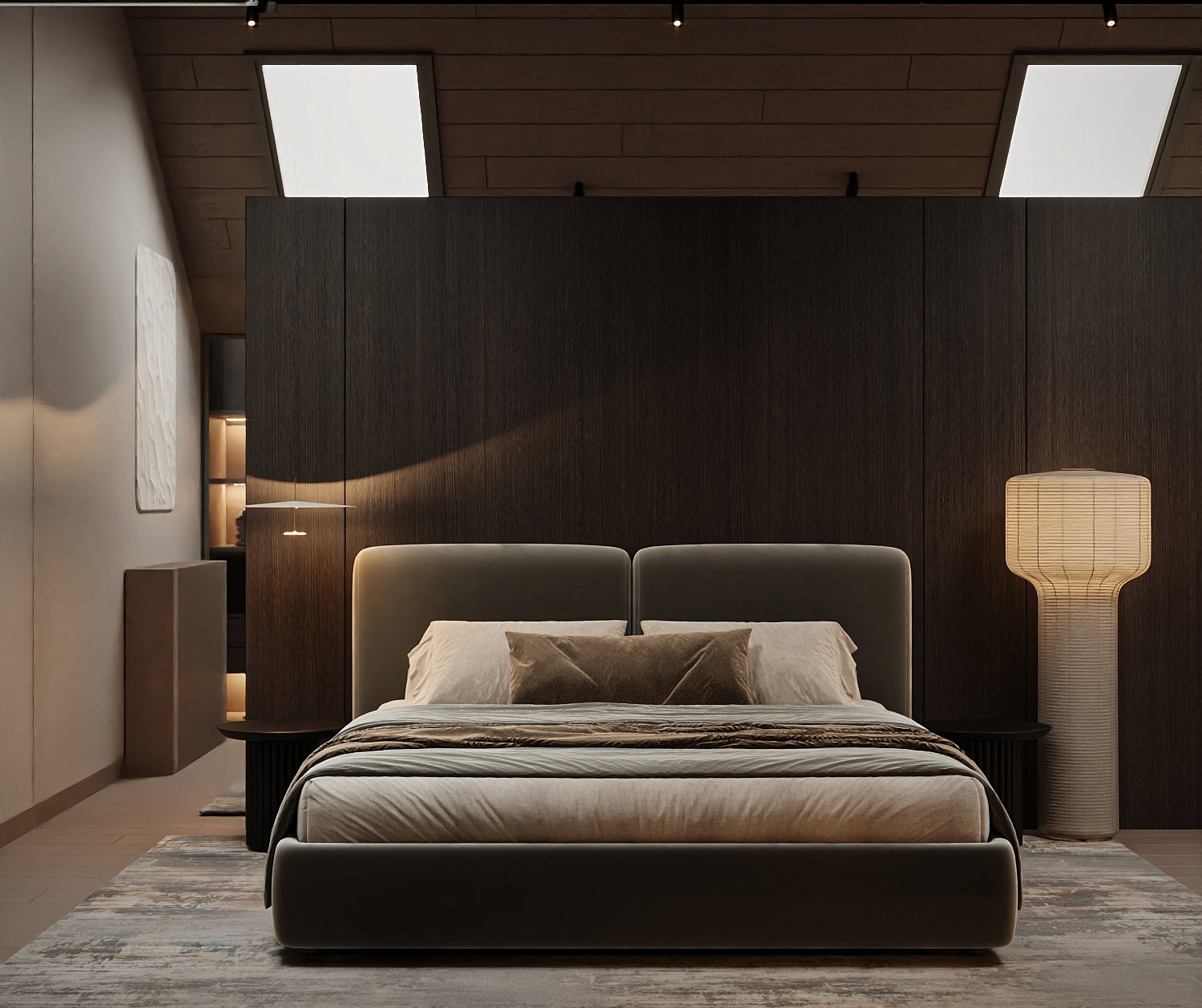 Primary bedroom design visualization with dark wood feature wall and skylights