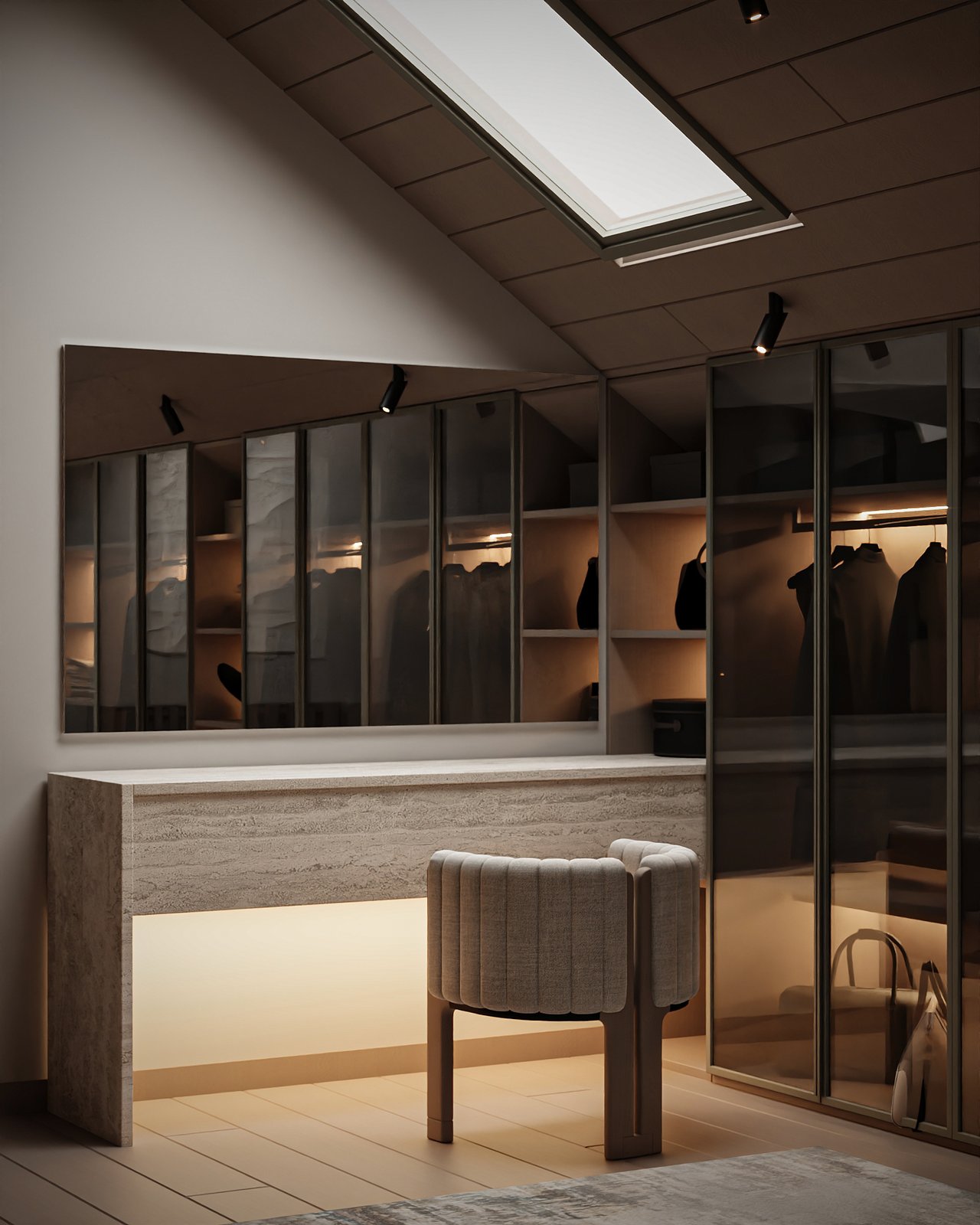 Walk-in closet design visualization with glass-front wardrobes and travertine vanity