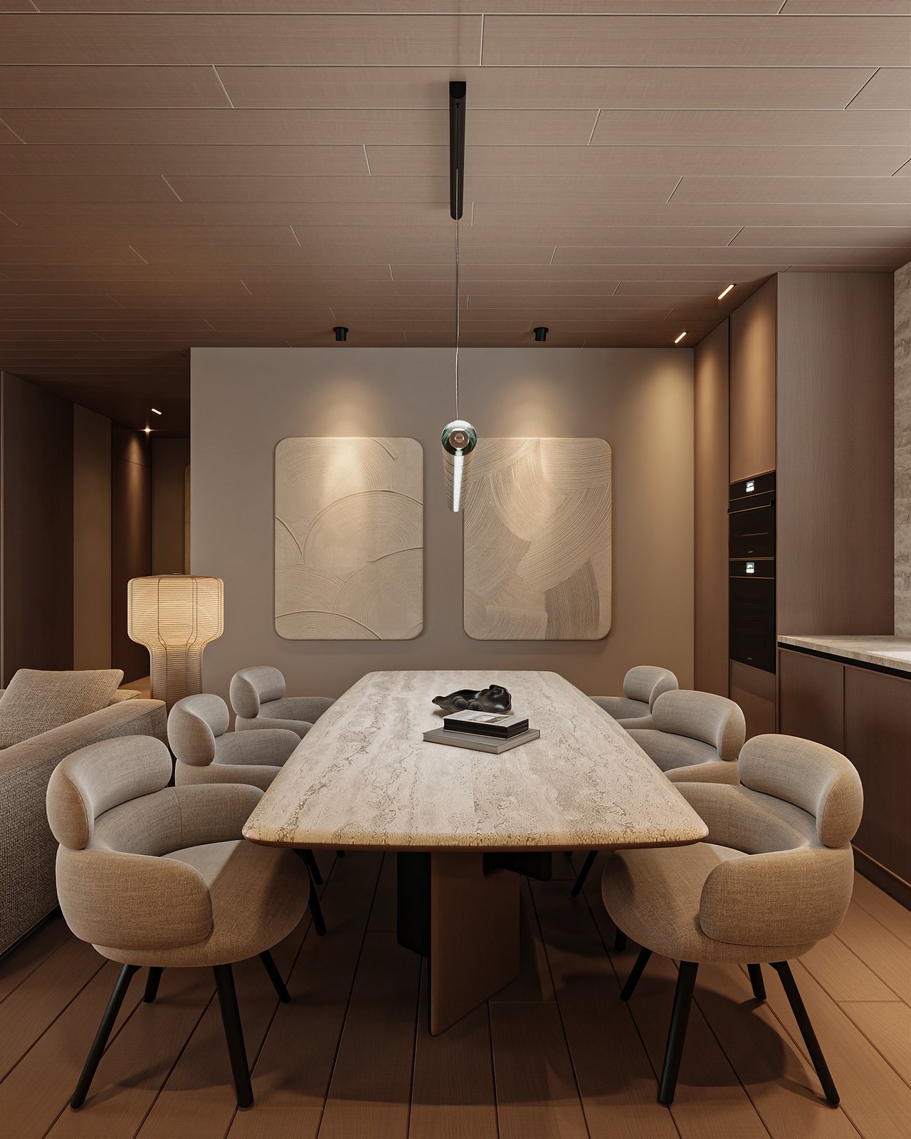 Dining space design visualization with travertine table adjacent to custom kitchen