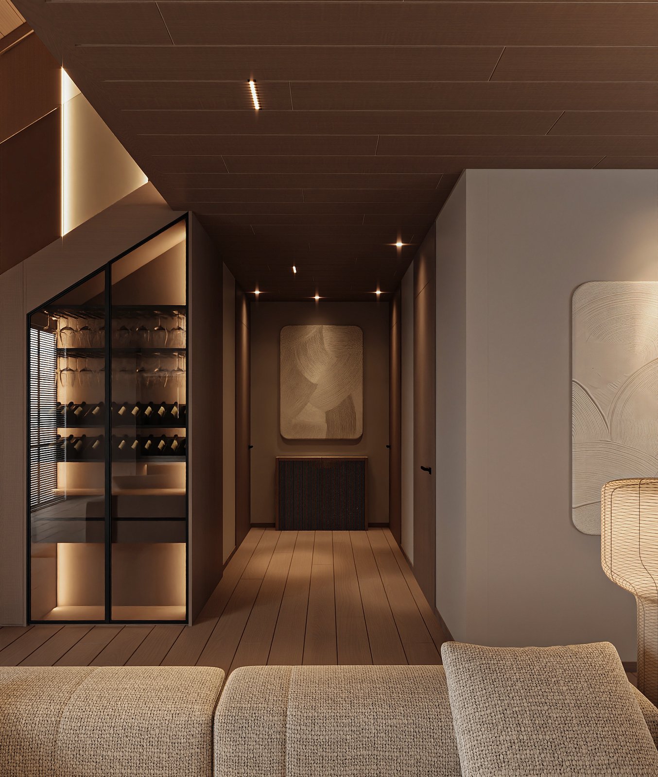 Hallway design visualization with built-in glass wine cellar and warm wood ceiling