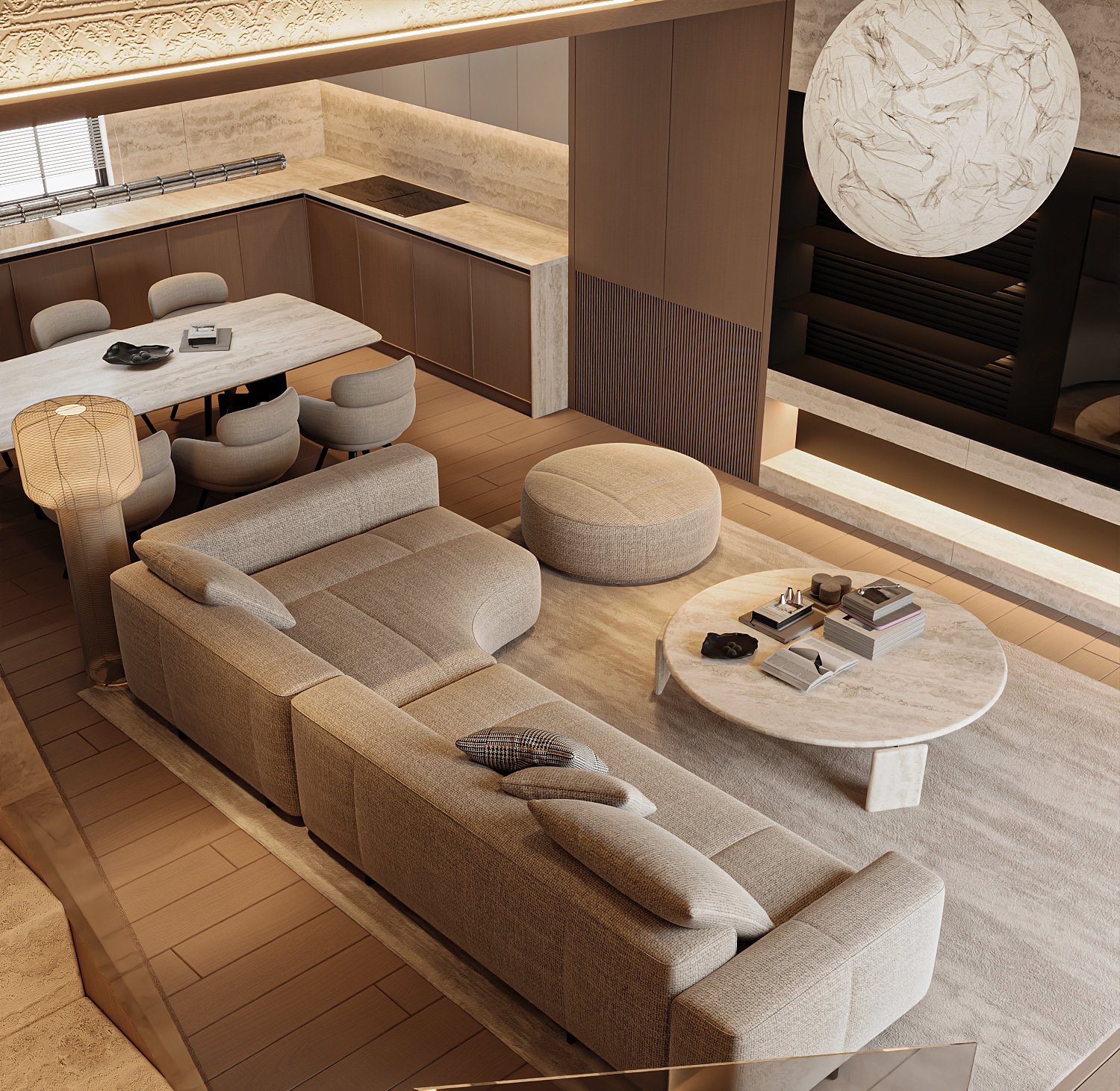 Open-concept kitchen and living design visualization with travertine surfaces and warm wood