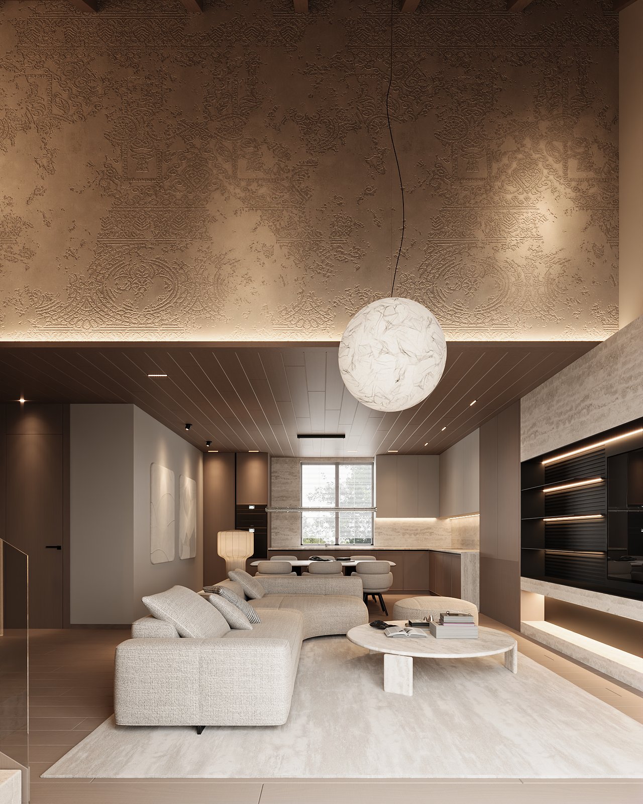 Double-height living room design visualization with textured plaster feature wall and open kitchen