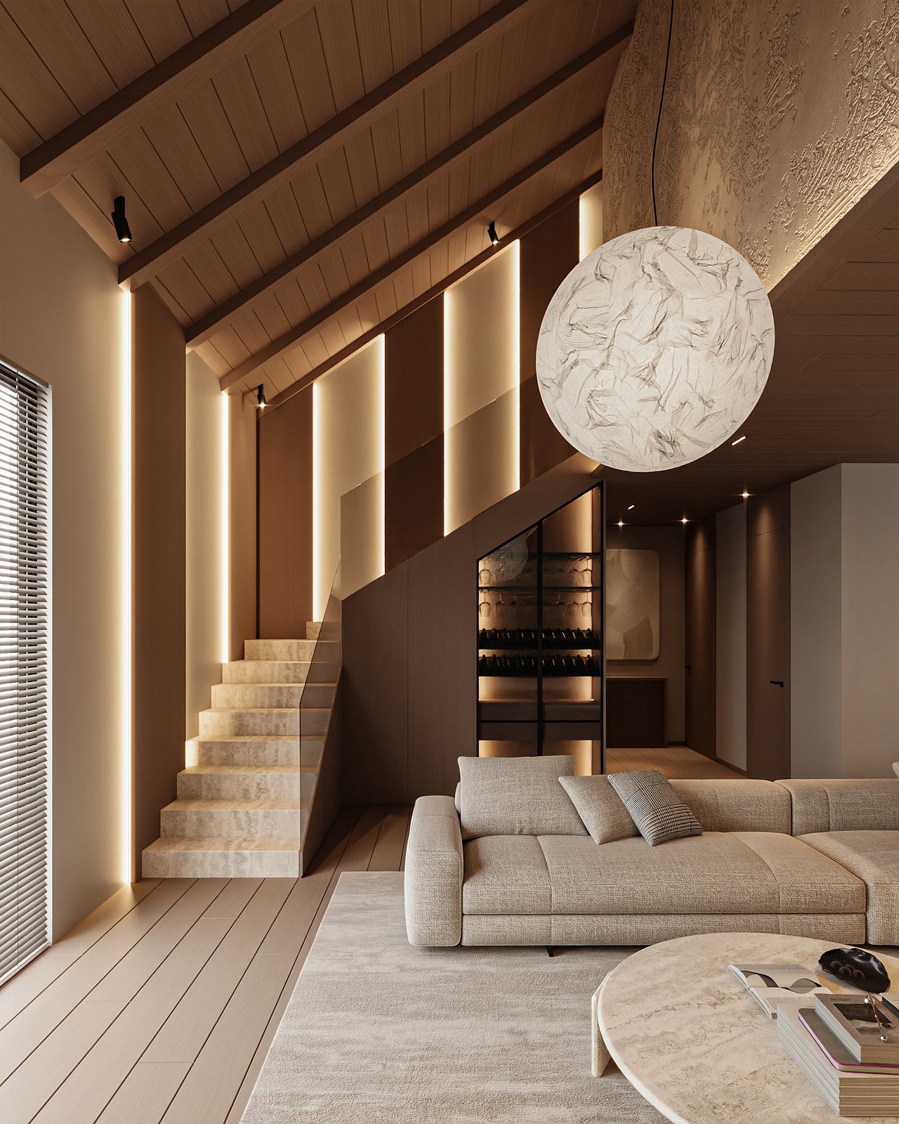 Living space design visualization with travertine staircase — the standard Eron Renovations builds to